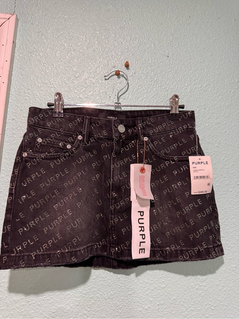 Purple Branded Black Denim Logo Mini Skirt
